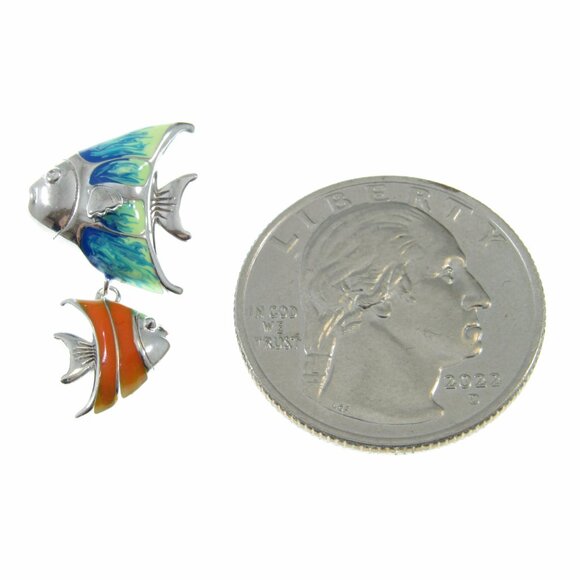 Solid 925 Sterling Silver and Enamel Pair of Fish Double Fishes Slide Pendant - Picture 7 of 8